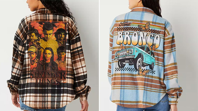 Women wearing Stranger Things Womens Shacket and Bronco Womens Plaid Shacket