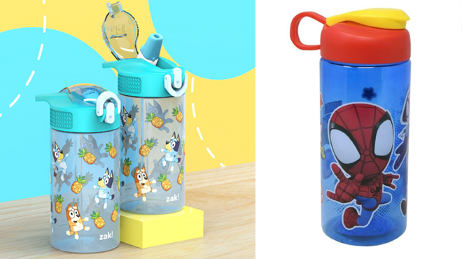 Zak Designs Bluey Antimicrobial Park Straw 16oz Bottle and Zak Designs Spidey Friends 16