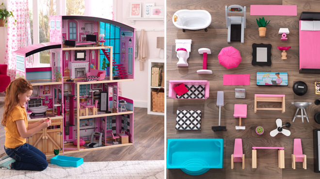 a Girl Playing with Dollhouse on the Left Dollhouse Accessories on the Right