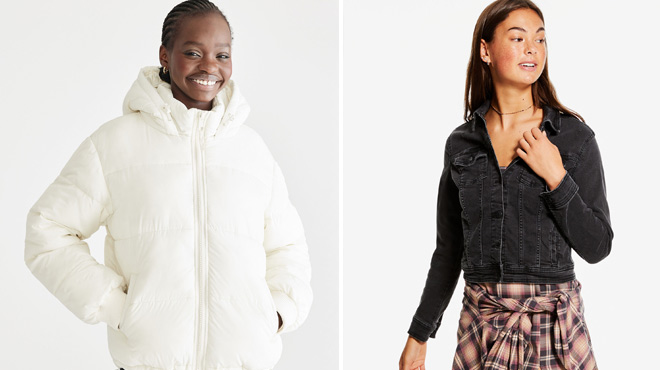 a Woman Wearing Midweight Hooded Puffer Jacket on the Left Stretchy Denim Jacket on the Right