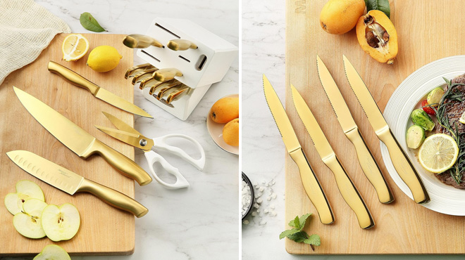 14 Piece Golden Knife Set on Wooden Board