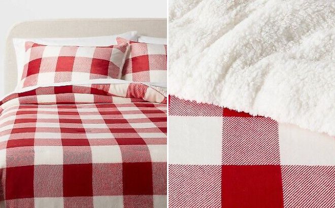 3 Piece King Traditional Cozy Faux Shearling Comforter and Sham Set in Red and Ivory Color