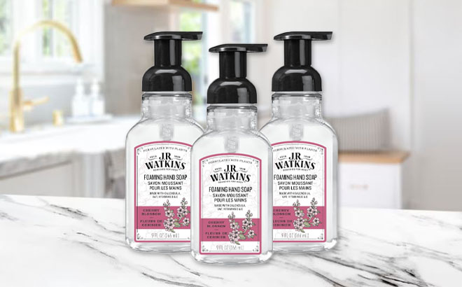 3 Pieces of J R Watkins Hand Soap on a Kitchen Counter Top