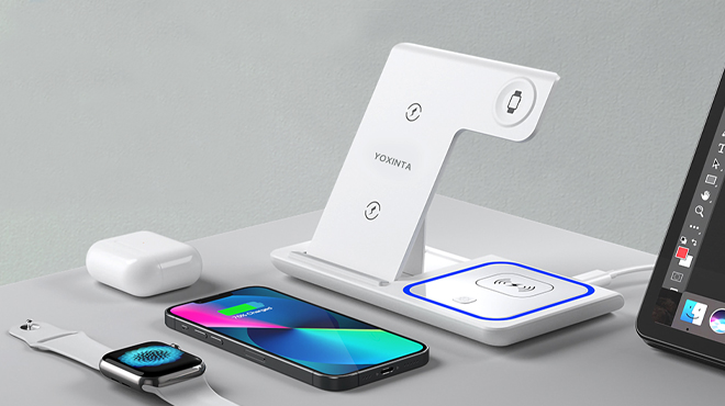 3 in 1 Wireless Charger Stand on the table with cellphone watch and earpods