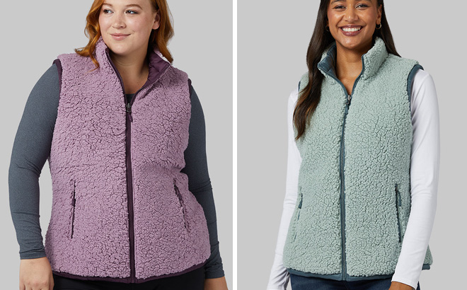 32 Degrees Womens Reversible Sherpa Vests in Purple and Green