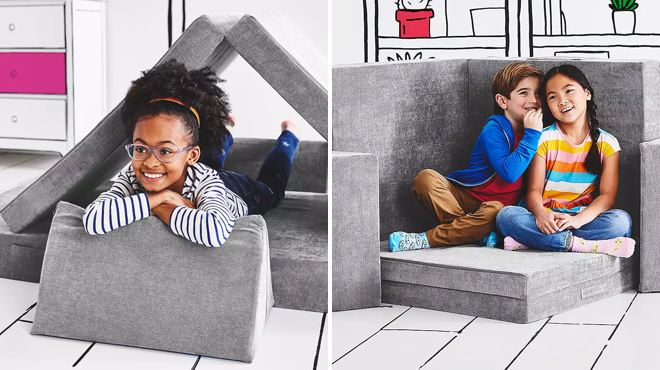 A Girl on a Covertible Play Couch on the Left and Two Kids on the Same Item on the Right