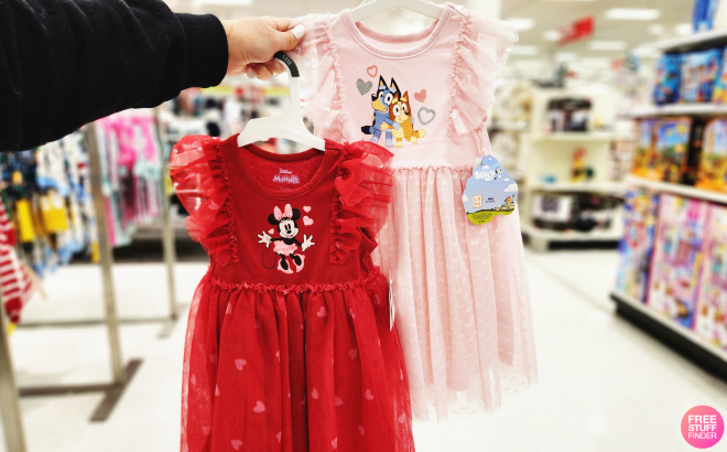 A Person Holding Disney Minnie Mouse Valentines Hearts Tulle Dress and Bluey and Bingo Valentines Tulle Dress