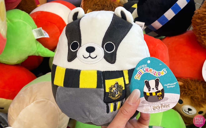 A Person Holding a Harry Potter Squishmallows Hufflepuff Badger Plush