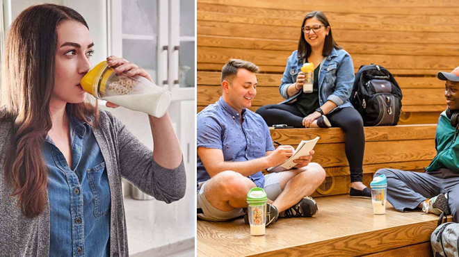 A Woman Sipping Drinking from Portable Plastic Cereal Cup on the Left Image and People Using Portable Plastic Cereal Cup on the Right