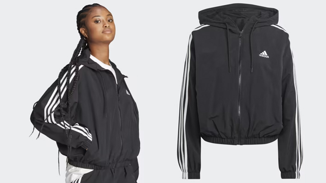 Adidas Women Essentials 3 stripes woven windbreaker in Black and White