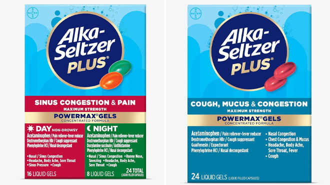 Alka Seltzer Plus Maximum Strength PowerMax Sinus Congestion Pain Medicine and Alka Seltzer Plus Maximum Strength Cough Mucus Congestion Powermax Liquid Gels