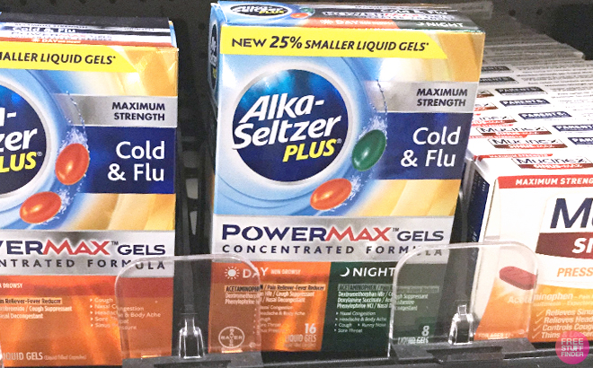 Alka Seltzer Plus Power Max Cold and Flu Medicine on the shelf