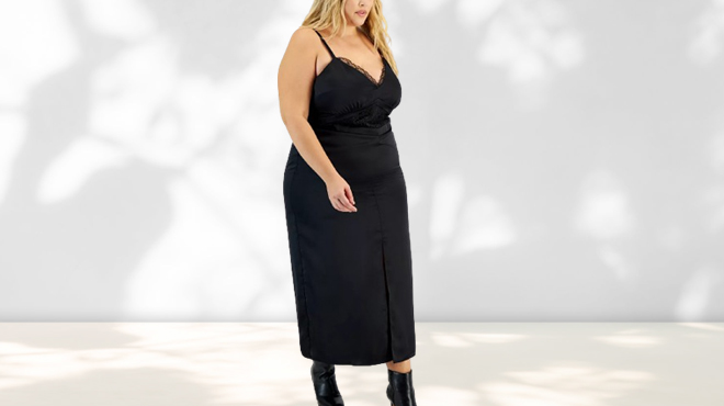 Bar III Plus Size Lace Trim Satin Slipdress