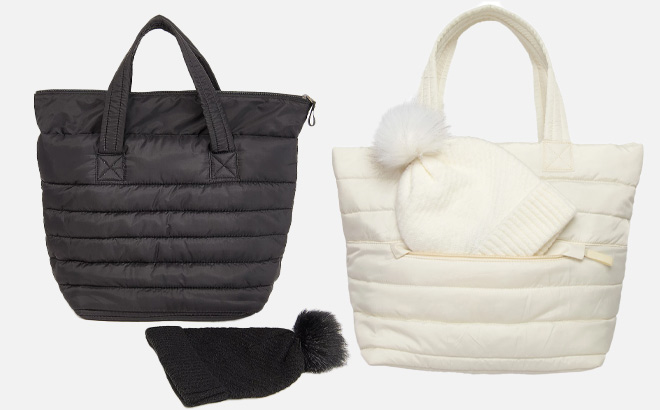 Bay Sky by San Diego Hat Quilted Tote Knit Beanie in White and Black