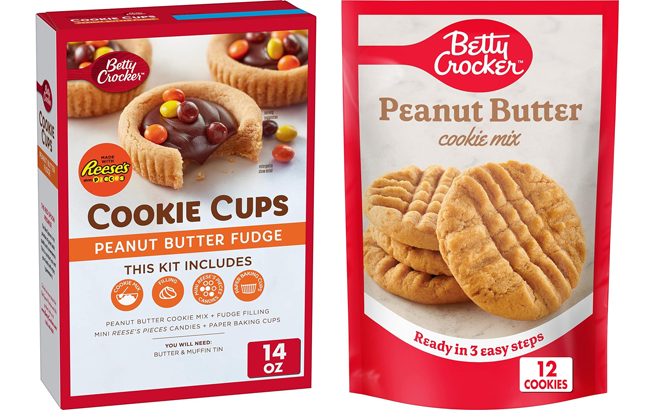 Betty Crocker Peanut Butter Fudge Cookie Cups Box on the Left and Betty Crocker Peanut Butter Cookie Mix Packet on the Right