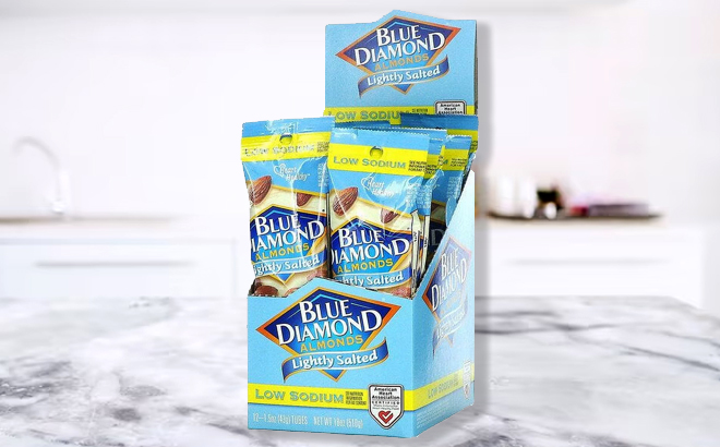 Blue Diamond Almonds Low Sodium Lightly Salted Flavored Snack Nuts in a box on the table