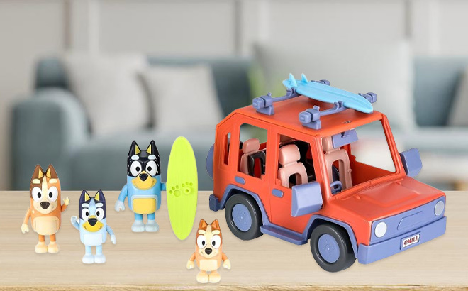 Bluey Heeler Family Vehicle and 4 Figure Pack on the Table