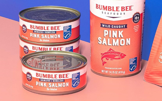 Bumble Bee Skinless Boneless Chunk Light Pink Salmon in Water Can on a Display