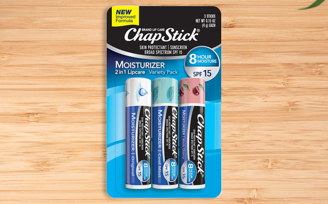 ChapStick Variety Pack Lip Balm 3 Count on a Wooden Surface