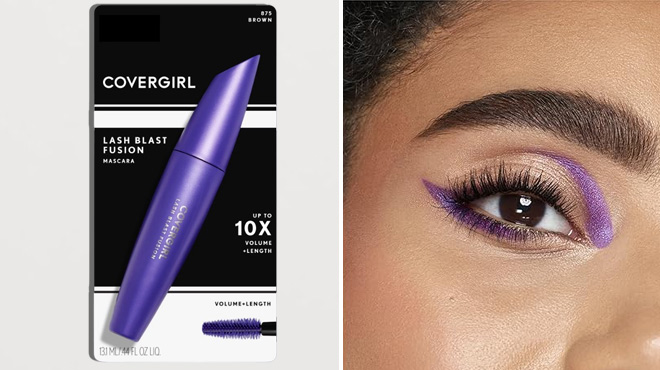 Covergirl Mascara Package on the Left Close up of the Mascara on Lashes on the Right