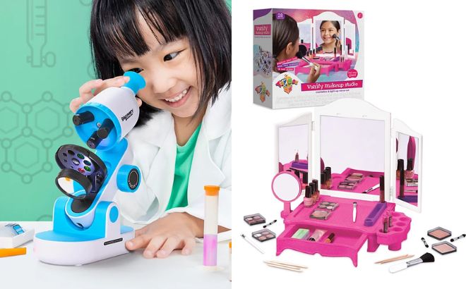 Discovery Kids Microscope Experiment Lab Set and Geoffreys Toy Box Vanity Makeup Studio Cosmetics Mirror Set