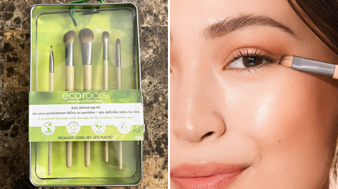 EcoTools Daily Defined Eye Makeup Brush on the Left and a Woman Using the Same Item on the Right