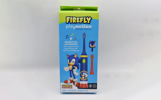 FIREFLY Play Action Sonic The Hedgehog Toothbrush Kit on a Gray Background