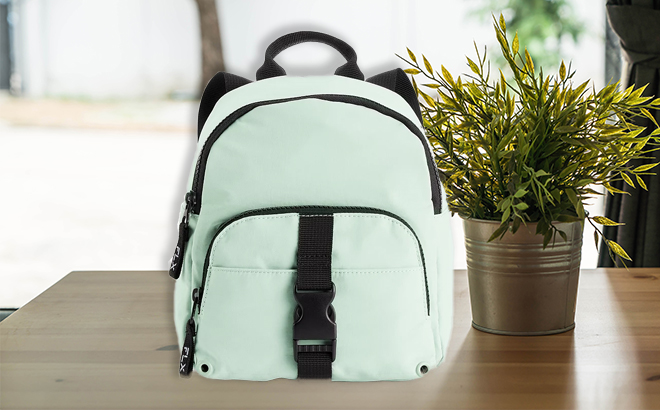 FLX Mini Top Zip Backpack in Light Green on a Table