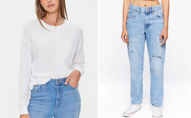 Forever 21 Crew Drop Sleeve Crop Top and Distressed Straight Leg Jeans