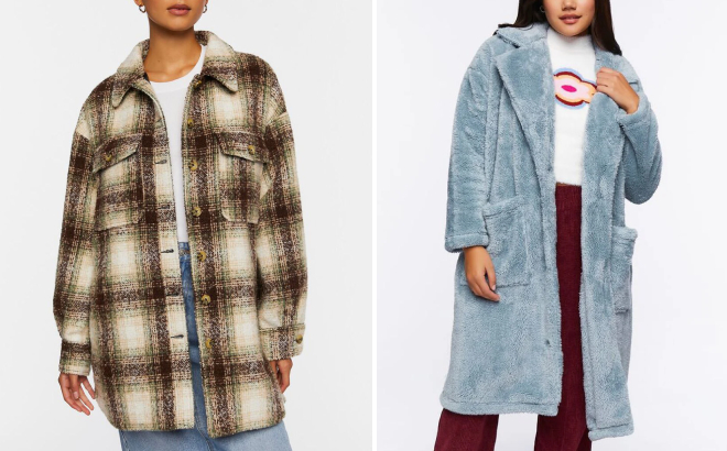 Forever 21 Plaid High Low Shacket and Fleece Longline Coat