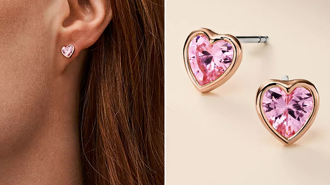 Fossil Hazel Valentine Heart Pink Crystals Stud Earrings