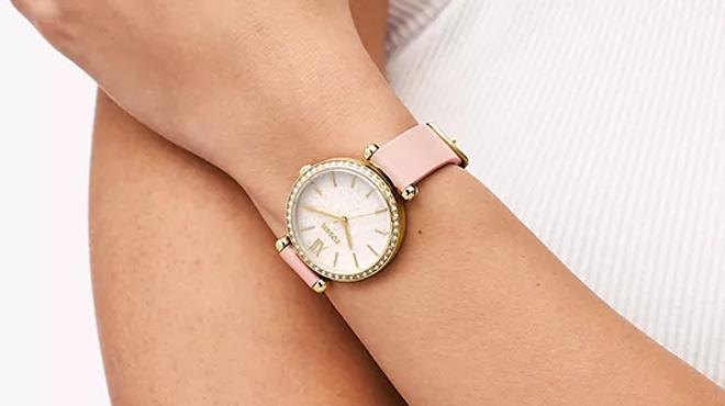 Fossil Tillie Three Hand Blush Leather Watch on Womans Wrist