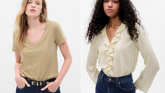 GAP Organic Cotton Vintage V Neck T Shirt on the left and GAP Ruffle V Neck Shirt on the right