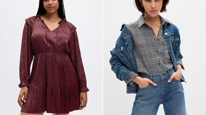 GAP Split Neck Tiered Mini Dress on the left and GAP Flannel Big Shirt on the right