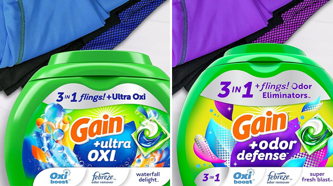 Gain flings Ultra Oxi Laundry Detergent Pacs and Pacs with Odor Defense