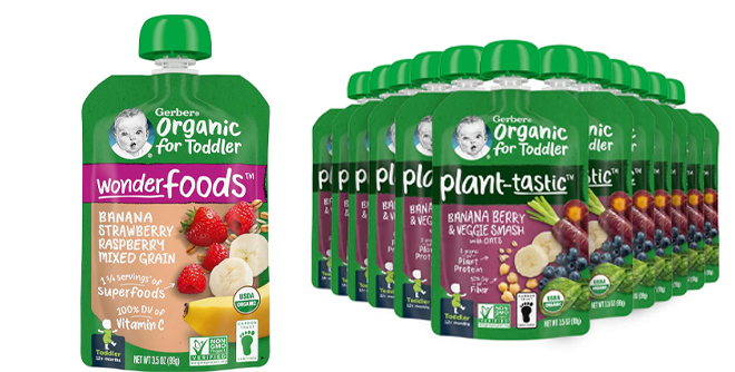 Gerber Organic Baby Food Pouches Toddler WonderFoods Banana Red Berries Granola and Gerber Organic Baby Food Pouches Toddler Plant tastic Banana Berry Veggie Smash 3 5 Ounce Pack of 12