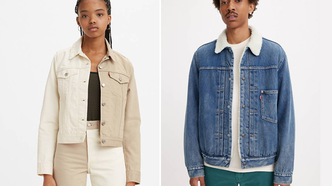 Girl Wearing Levis Original Trucker Jacket on the left and Boy Wearing Levis Type I Sherpa Trucker Jacket on the Right