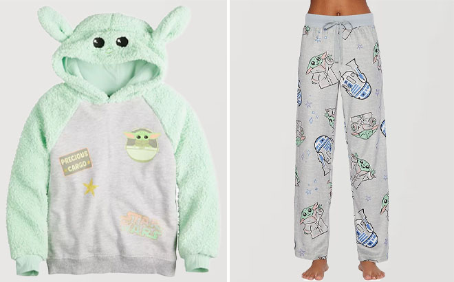 Girls Woobie Baby Yoda Graphic Hoodie and Star Wars Womens The Mandalorian Sueded Fleece Sleep Pants