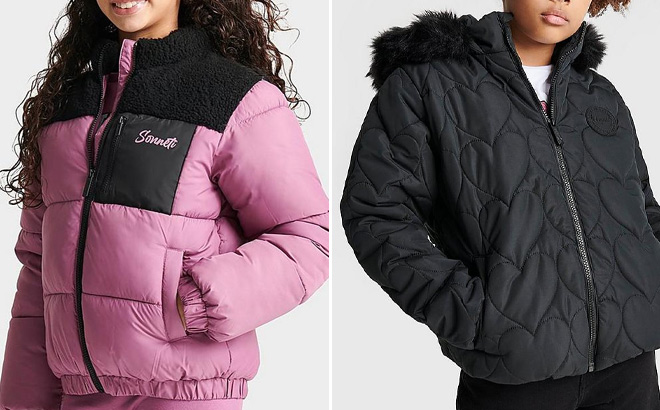 Girls in Pink and Black Puffer Jackets in Finish Line