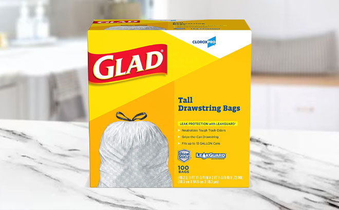 Glad ForceFlex Tall Kitchen Drawstring Trash Bags on Kitrchen Top