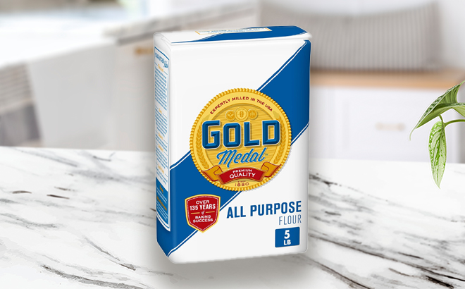 Gold Medal All Purpose Flour 5 Pound Bag on a Kitchen Counter