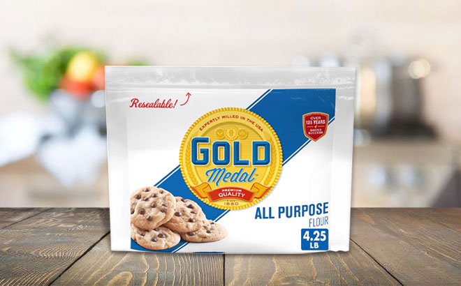 Gold Medal Flour All Purpose 4 25lb Resealable Bag on a Table