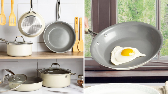 Goodful Ceramic Nonstick Cooking Set on the Left and a Closer Look at a Pan on the Right