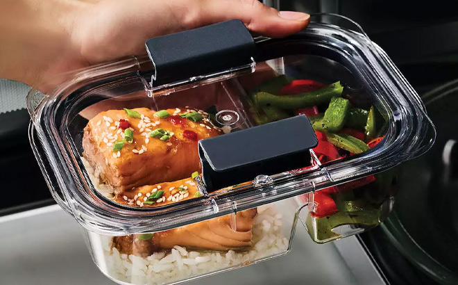 Hand Holding Rubbermaid Brilliance Food Storage Container