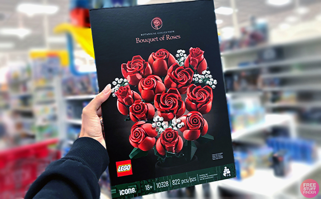 Hand holding box of LEGO Icons Bouquet of Roses