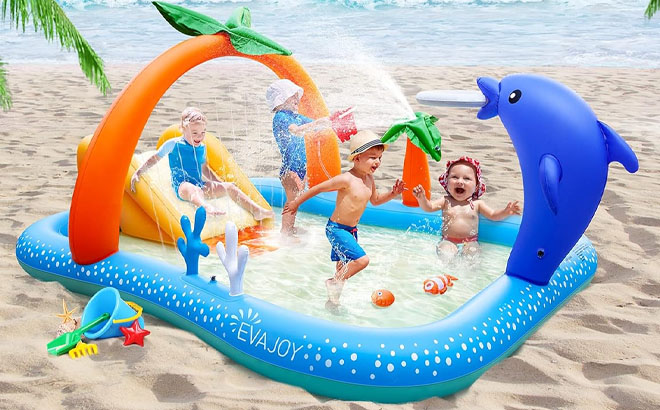 Kids Playing on Inflatable Play Center Kiddie Pool with Slide