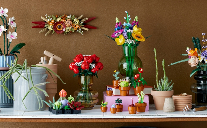 LEGO Botanical Collection Building Sets Displayed and Built on a Table