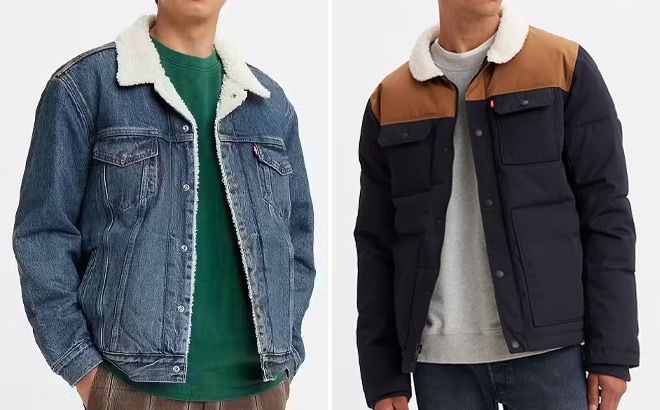 Levis Mens Type III Sherpa Trucker Jacket and Mens Quilted Woodsman Puffer Jacket