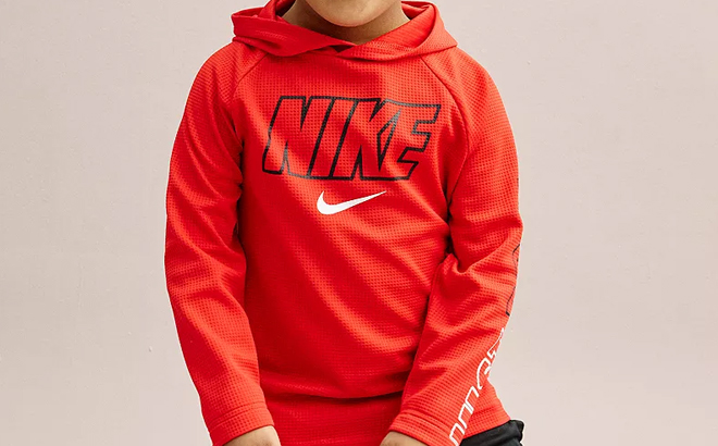 Little Boy Wearing Nike Dri FIT Logo Thermal Pullover Hoodie