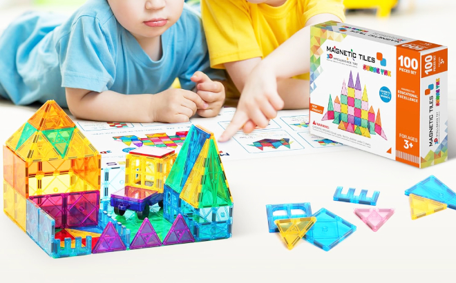 Little Boys Playing with Magnetic Tiles 100 Piece Set